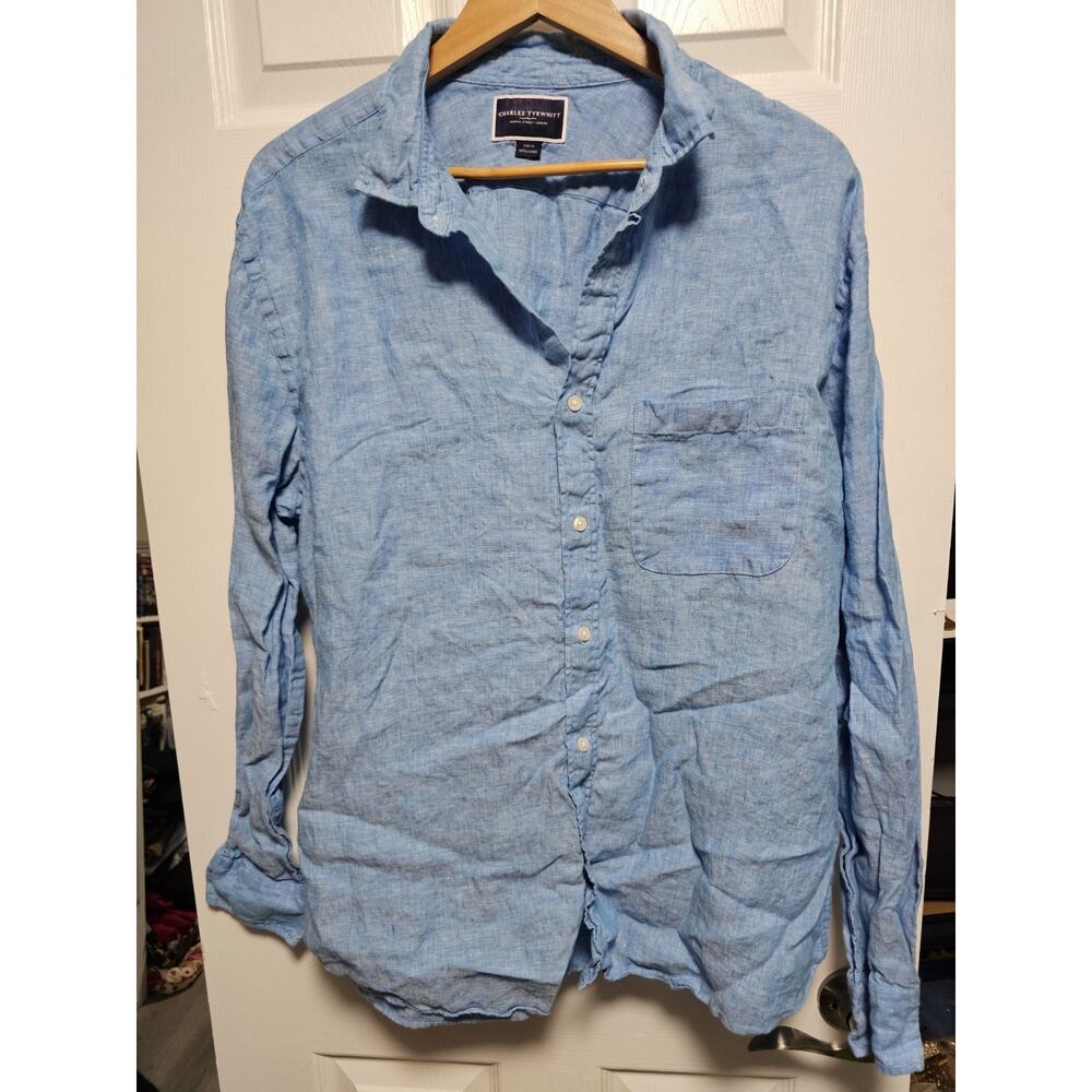 Charles Tyrwhitt Shirt Mens XLarge Blue 100% Linen Slim Fit Long Sleeve Casual